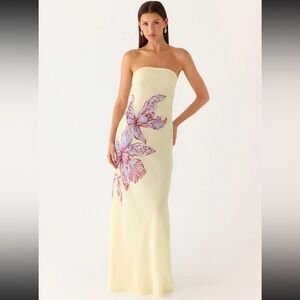 NWT Strapless Lemon Yellow Floral-Print Dress